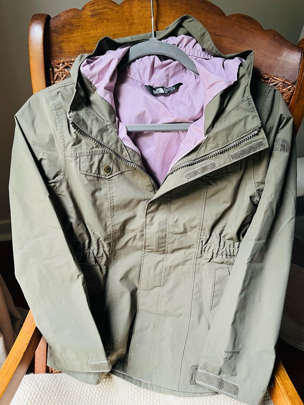 The North Face Olive Green Raincoat with Mauve Pink Lining